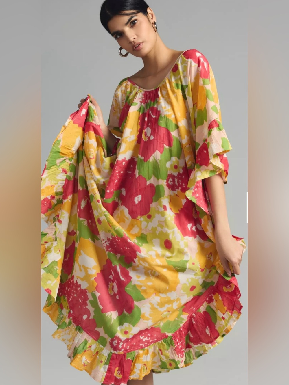 NWT Anthropologie Maeve Floral Ruffle Kaftan Dress One Size Cotton ResortMidi